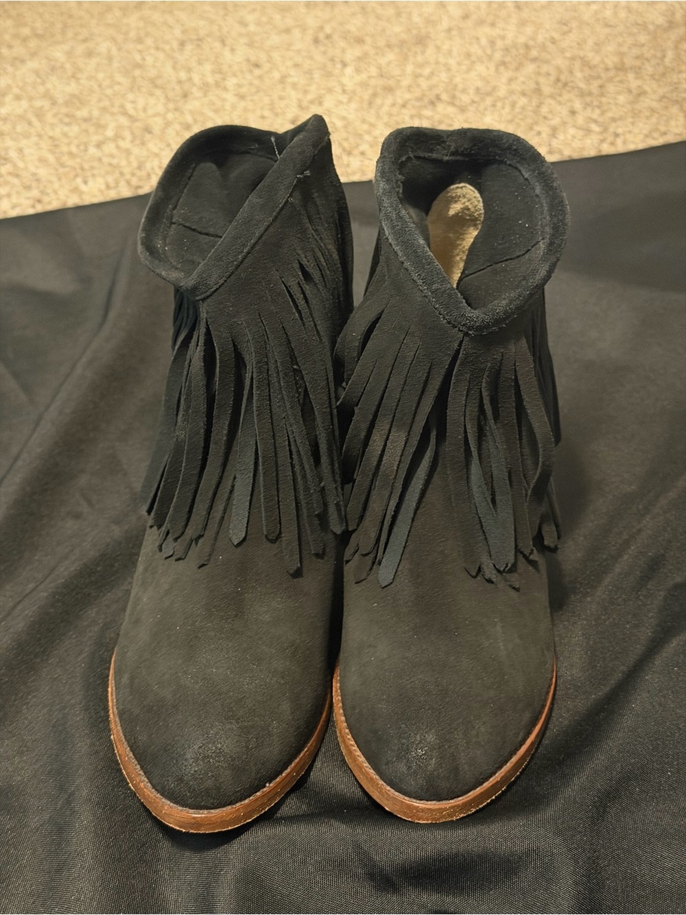 Frye Black Suede Fringe Ankle Boots
